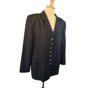 Valerie Stevens 80s 100% Linen Blazer Women Sz 16 Navy Blue Embroidered Collar